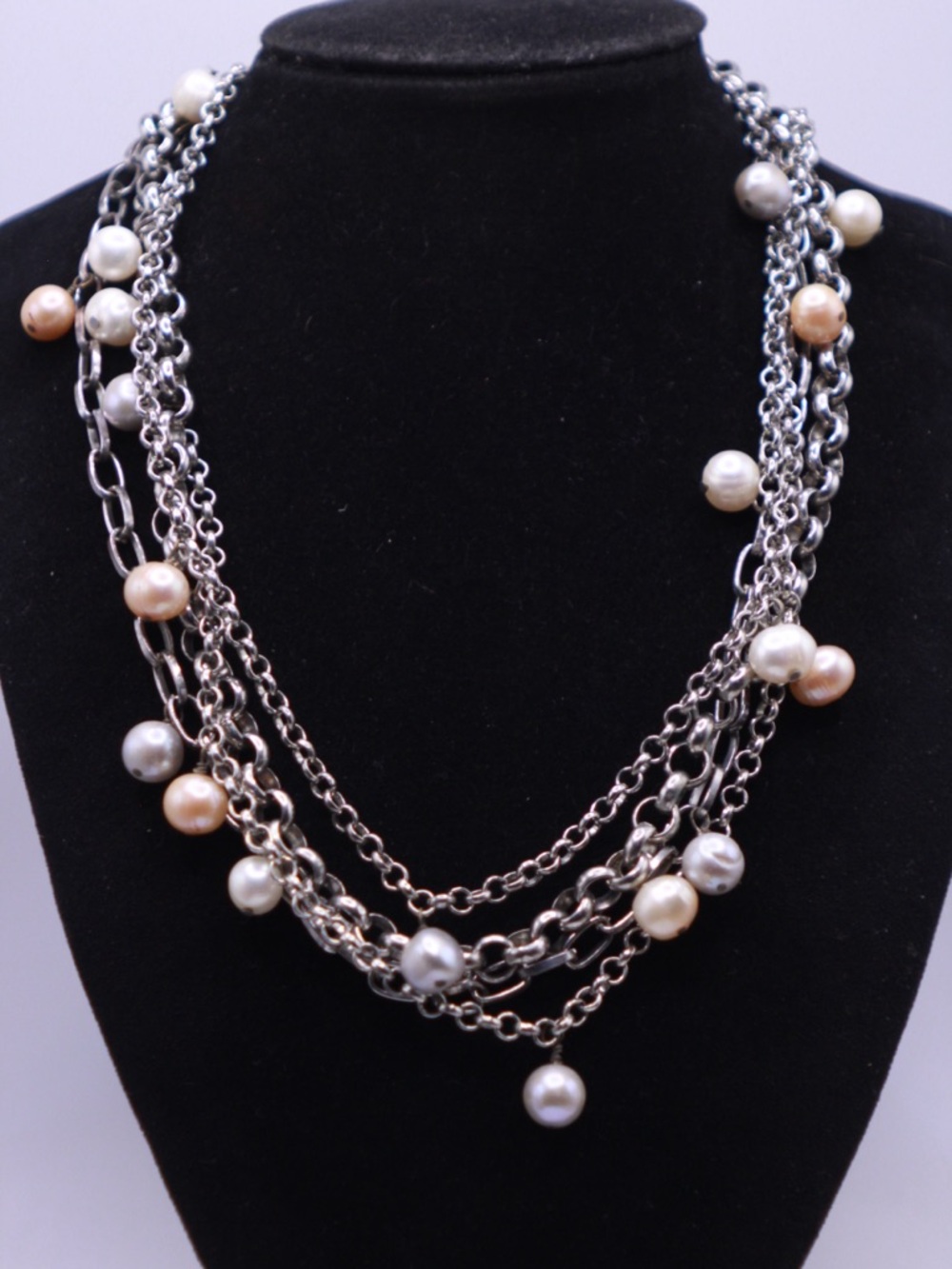 Multi-Strand Silver tone Chain Necklace with Cream and White Genuine Pearls
